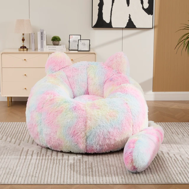 Alt view image 2 of 7 - 41.7 Inch Single Sofa, Faux Fur Large Bean Bag Cat Shaped with Tail Pillow Fluffy Beanbag Accent Floor Chair