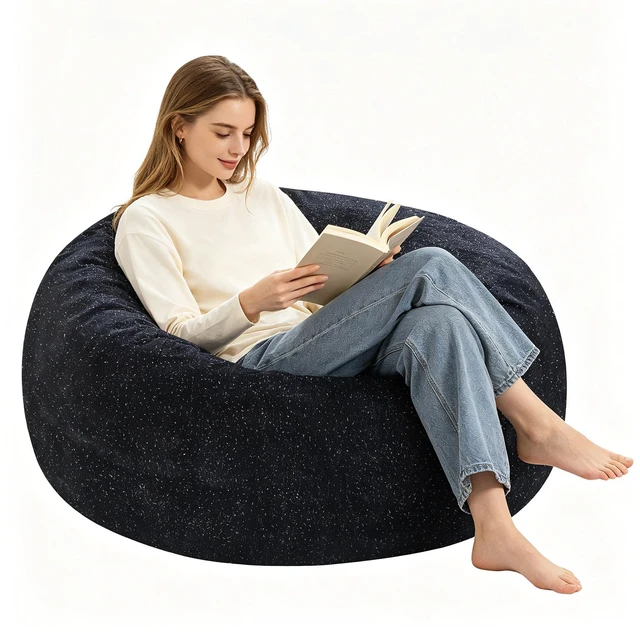 Main image of Sky Bean Bag Chair, Fabric with Lurex Shiny Thread Faux Fur Memory Foam Filling Round Sofa for Living College, Black