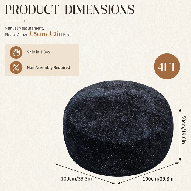 Alt view image 3 of 7 - Sky Bean Bag Chair, Fabric with Lurex Shiny Thread Faux Fur Memory Foam Filling Round Sofa for Living College, Black