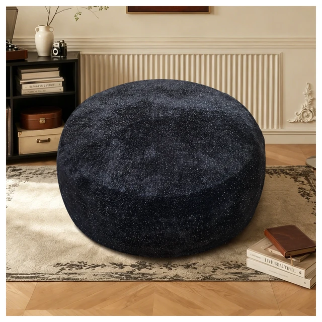 Alt view image 6 of 7 - Sky Bean Bag Chair, Fabric with Lurex Shiny Thread Faux Fur Memory Foam Filling Round Sofa for Living College, Black