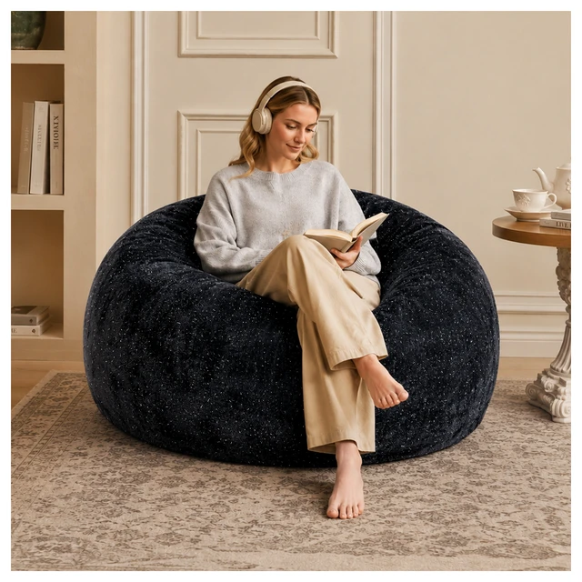 Alt view image 7 of 7 - Sky Bean Bag Chair, Fabric with Lurex Shiny Thread Faux Fur Memory Foam Filling Round Sofa for Living College, Black