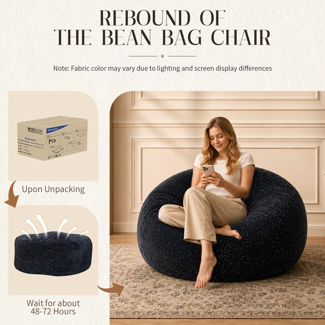 Alt view image 5 of 7 - Sky Bean Bag Chair, Fabric with Lurex Shiny Thread Faux Fur Memory Foam Filling Round Sofa for Living College, Black