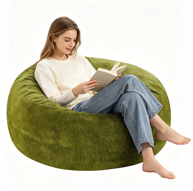Main image of Sky Bean Bag Chair, Fabric with Lurex Shiny Thread Faux Fur Memory Foam Filling Round Sofa for Living College, Green