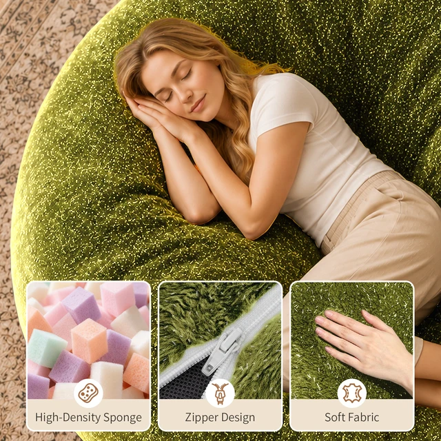 Alt view image 4 of 7 - Sky Bean Bag Chair, Fabric with Lurex Shiny Thread Faux Fur Memory Foam Filling Round Sofa for Living College, Green