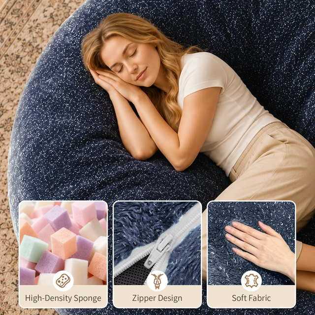 Alt view image 4 of 7 - Sky Bean Bag Chair, Fabric with Lurex Shiny Thread Faux Fur Memory Foam Filling Round Sofa for Living College, Blue