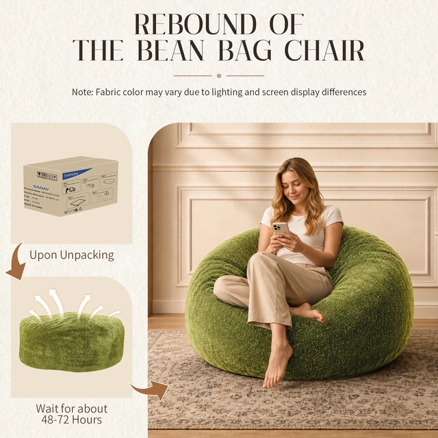 Alt view image 5 of 7 - Sky Bean Bag Chair, Fabric with Lurex Shiny Thread Faux Fur Memory Foam Filling Round Sofa for Living College, Green