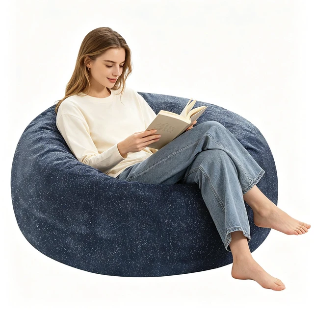 Main image of Sky Bean Bag Chair, Fabric with Lurex Shiny Thread Faux Fur Memory Foam Filling Round Sofa for Living College, Blue