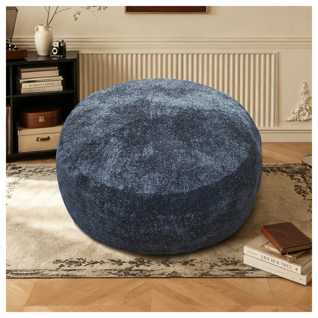 Alt view image 7 of 7 - Sky Bean Bag Chair, Fabric with Lurex Shiny Thread Faux Fur Memory Foam Filling Round Sofa for Living College, Blue