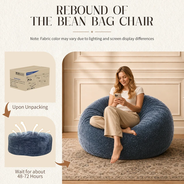 Alt view image 6 of 7 - Sky Bean Bag Chair, Fabric with Lurex Shiny Thread Faux Fur Memory Foam Filling Round Sofa for Living College, Blue