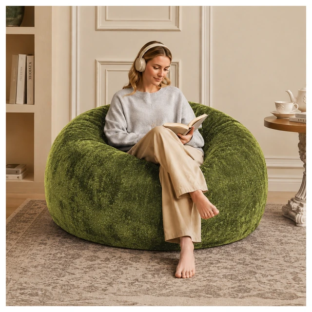 Alt view image 7 of 7 - Sky Bean Bag Chair, Fabric with Lurex Shiny Thread Faux Fur Memory Foam Filling Round Sofa for Living College, Green