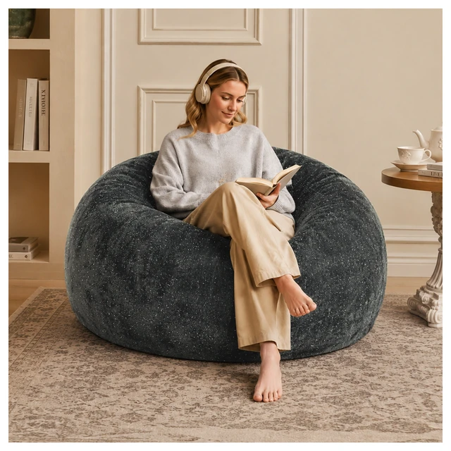 Alt view image 6 of 7 - Sky Bean Bag Chair, Fabric with Lurex Shiny Thread Faux Fur Memory Foam Filling Round Sofa for Living College, Grey