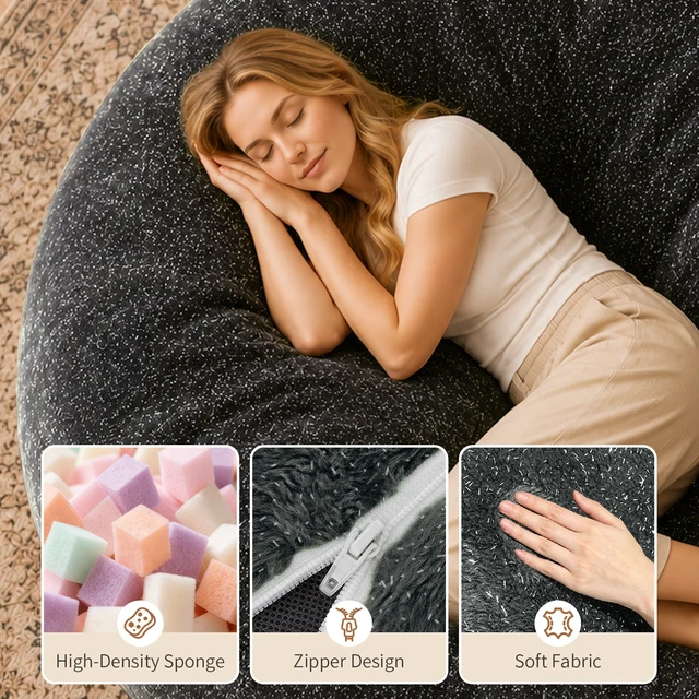 Alt view image 4 of 7 - Sky Bean Bag Chair, Fabric with Lurex Shiny Thread Faux Fur Memory Foam Filling Round Sofa for Living College, Grey