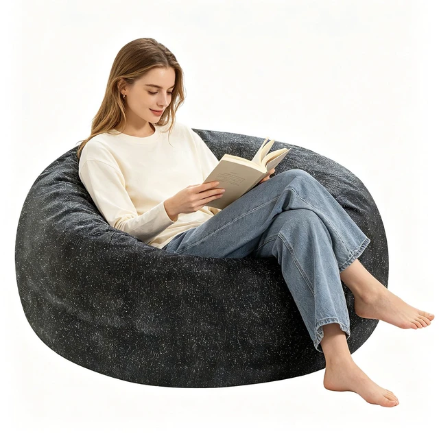 Main image of Sky Bean Bag Chair, Fabric with Lurex Shiny Thread Faux Fur Memory Foam Filling Round Sofa for Living College, Grey