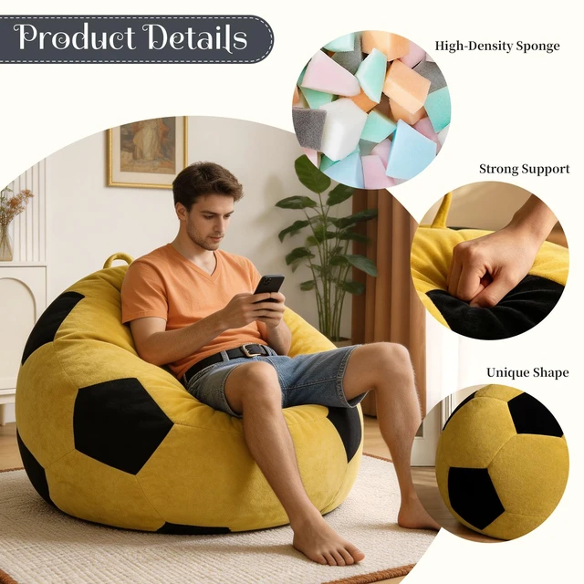 Alt view image 4 of 7 - Small Soccer Shaped Bean Bag Chair, Color Stitching Large Size Beanbag Seat Relax Lazy Sofa for Living Reading Nook