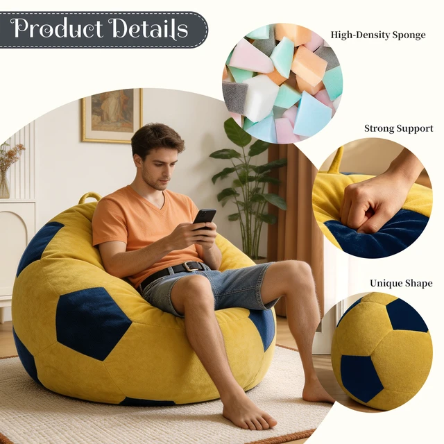Alt view image 4 of 7 - Small Soccer Shaped Bean Bag Chair, Color Stitching Large Size Beanbag Seat Relax Lazy Sofa for Living Reading Nook