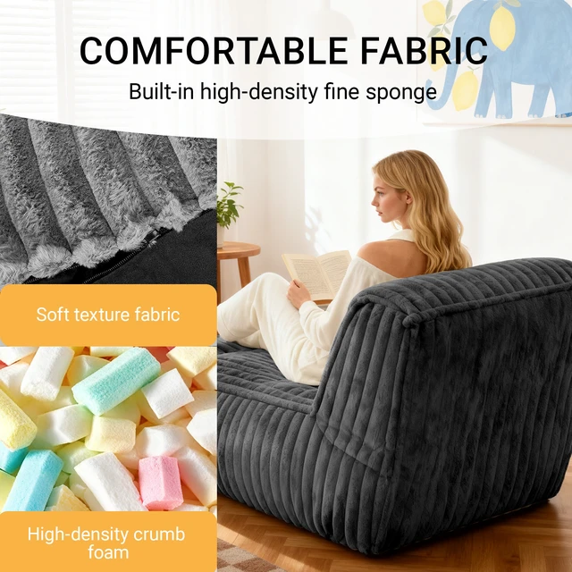 Alt view image 2 of 7 - Modular Floor Chaise Lounge Convertible Sofa Bed for Scene Relaxation, Dark Grey, Corduroy, Bean Bag Chairs Lazy Sofa