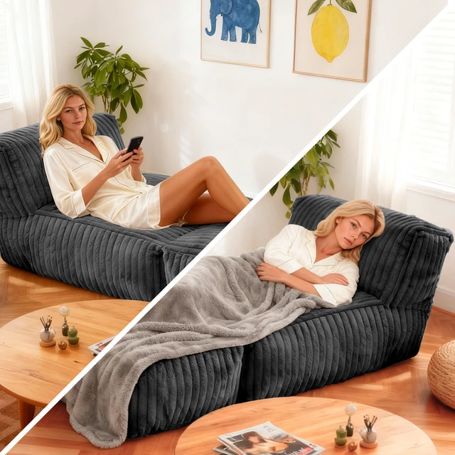 Alt view image 3 of 7 - Modular Floor Chaise Lounge Convertible Sofa Bed for Scene Relaxation, Dark Grey, Corduroy, Bean Bag Chairs Lazy Sofa
