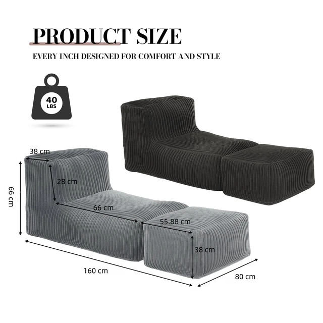 Alt view image 7 of 7 - Modular Floor Chaise Lounge Convertible Sofa Bed for Scene Relaxation, Dark Grey, Corduroy, Bean Bag Chairs Lazy Sofa