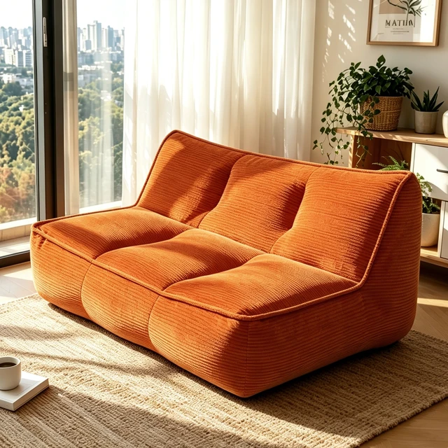 Alt view image 2 of 6 - Double Caterpillar Sofa, Double Togo Corduroy Fabric Beanbag Couch for Living and Fluffy Cloud Mini Couch, Orange