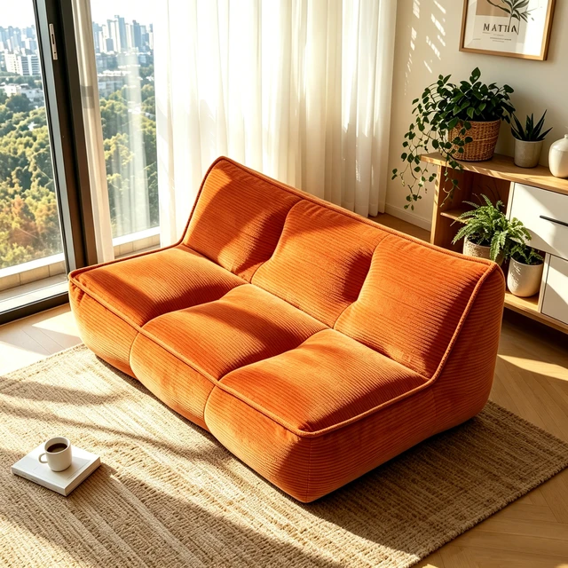 Alt view image 3 of 6 - Double Caterpillar Sofa, Double Togo Corduroy Fabric Beanbag Couch for Living and Fluffy Cloud Mini Couch, Orange