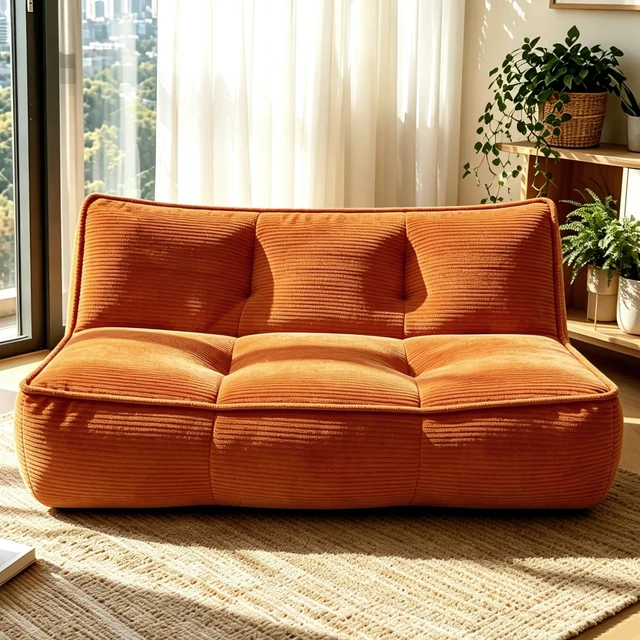 Main image of Double Caterpillar Sofa, Double Togo Corduroy Fabric Beanbag Couch for Living and Fluffy Cloud Mini Couch, Orange