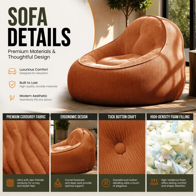 Alt view image 6 of 7 - Corduroy Bean Bag Chair for Adults, Soft Lounge Sofa for Living Reading Corner Gaming and Movie Theater, Orange, Bean