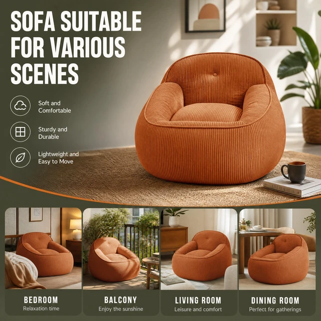 Alt view image 7 of 7 - Corduroy Bean Bag Chair for Adults, Soft Lounge Sofa for Living Reading Corner Gaming and Movie Theater, Orange, Bean