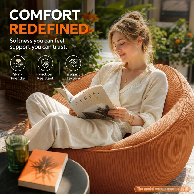 Alt view image 4 of 7 - Corduroy Bean Bag Chair for Adults, Soft Lounge Sofa for Living Reading Corner Gaming and Movie Theater, Orange, Bean