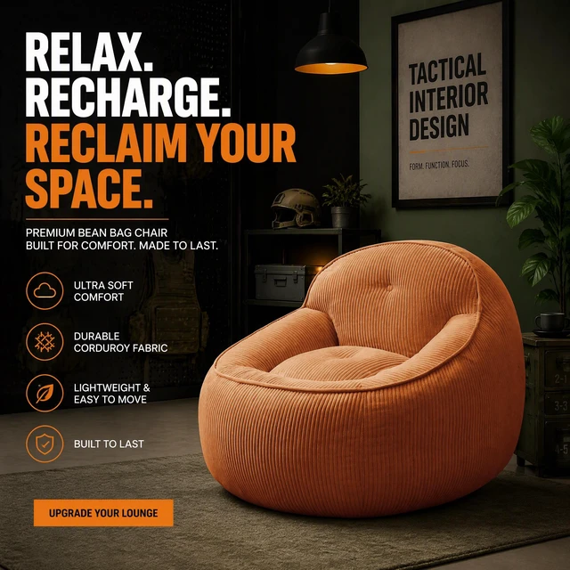 Alt view image 5 of 7 - Corduroy Bean Bag Chair for Adults, Soft Lounge Sofa for Living Reading Corner Gaming and Movie Theater, Orange, Bean