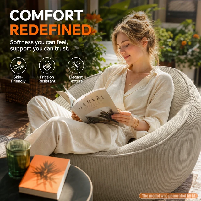 Alt view image 4 of 7 - Corduroy Bean Bag Chair for Adults, Soft Lounge Sofa for Living Reading Corner Gaming and Movie Theater, Camel, Bean