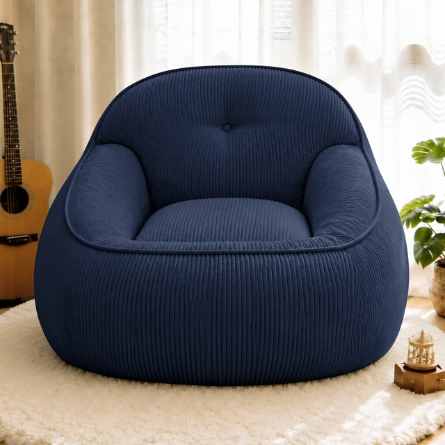 Alt view image 2 of 7 - Corduroy Bean Bag Chair for Adults, Soft Lounge Sofa for Living Reading Corner Gaming and Movie Theater, Blue, Bean Bag