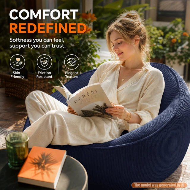 Alt view image 4 of 7 - Corduroy Bean Bag Chair for Adults, Soft Lounge Sofa for Living Reading Corner Gaming and Movie Theater, Blue, Bean Bag