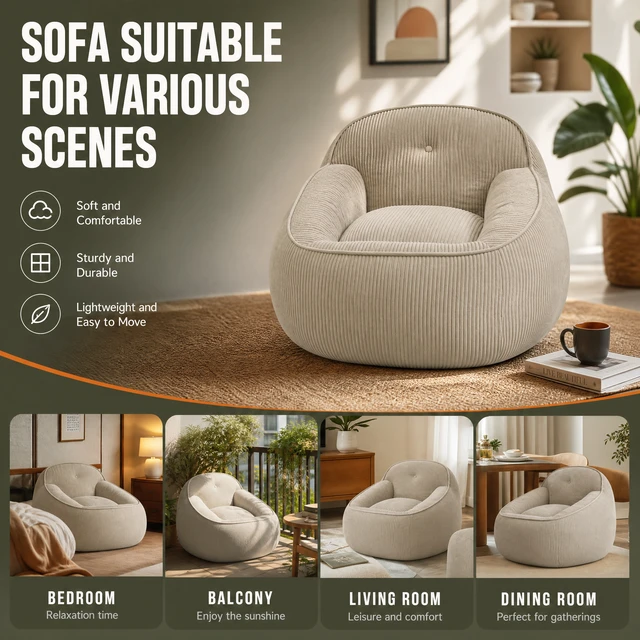 Alt view image 7 of 7 - Corduroy Bean Bag Chair for Adults, Soft Lounge Sofa for Living Reading Corner Gaming and Movie Theater, Camel, Bean