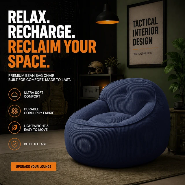 Alt view image 5 of 7 - Corduroy Bean Bag Chair for Adults, Soft Lounge Sofa for Living Reading Corner Gaming and Movie Theater, Blue, Bean Bag