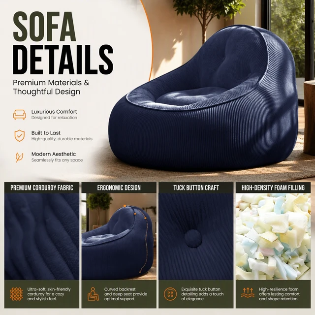 Alt view image 6 of 7 - Corduroy Bean Bag Chair for Adults, Soft Lounge Sofa for Living Reading Corner Gaming and Movie Theater, Blue, Bean Bag