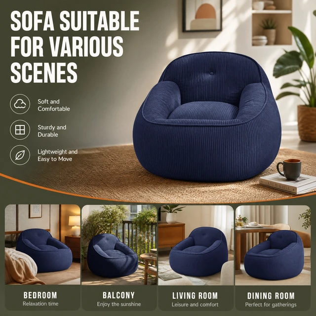 Alt view image 7 of 7 - Corduroy Bean Bag Chair for Adults, Soft Lounge Sofa for Living Reading Corner Gaming and Movie Theater, Blue, Bean Bag