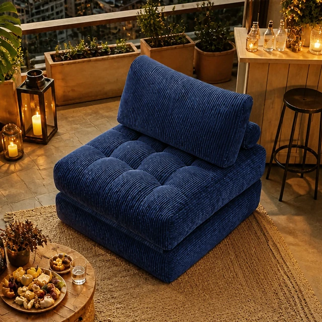 Alt view image 4 of 7 - 62.9 Inch Corduroy Fabric Beanbag Couch for Living, Fluffy Cloud Mini Couch Corduroy, Blue, Fabric and Foam, Bean Bag