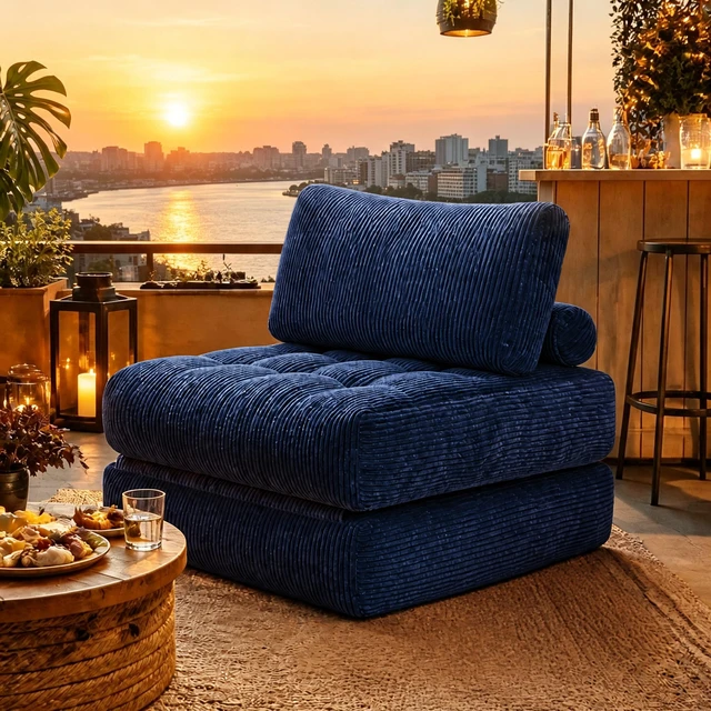 Main image of 62.9 Inch Corduroy Fabric Beanbag Couch for Living, Fluffy Cloud Mini Couch Corduroy, Blue, Fabric and Foam, Bean Bag