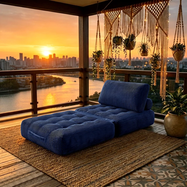 Alt view image 2 of 7 - 62.9 Inch Corduroy Fabric Beanbag Couch for Living, Fluffy Cloud Mini Couch Corduroy, Blue, Fabric and Foam, Bean Bag