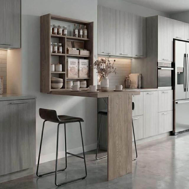 Main image of Wall-Mounted Bar Cabinet with Fold Down Table, Dark Oak, Particle Board