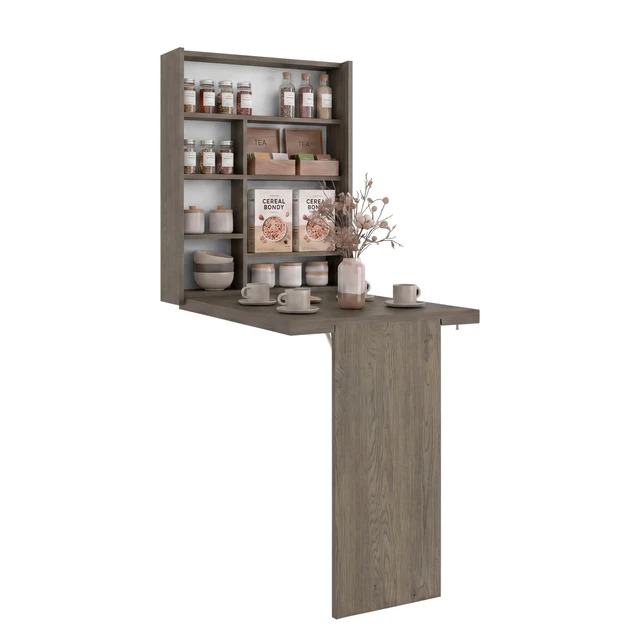 Alt view image 3 of 7 - Wall-Mounted Bar Cabinet with Fold Down Table, Dark Oak, Particle Board
