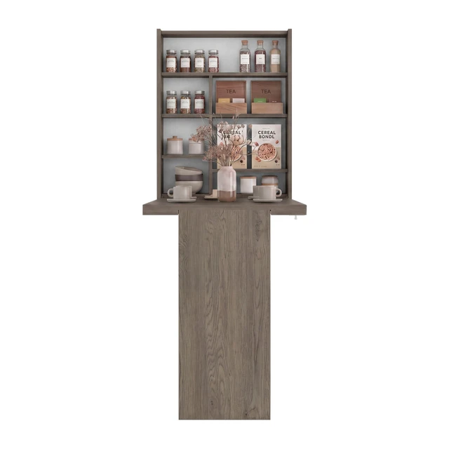Alt view image 4 of 7 - Wall-Mounted Bar Cabinet with Fold Down Table, Dark Oak, Particle Board