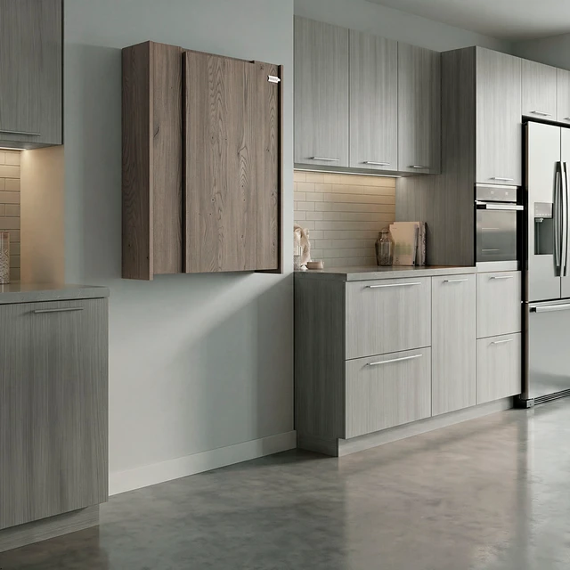 Alt view image 2 of 7 - Wall-Mounted Bar Cabinet with Fold Down Table, Dark Oak, Particle Board
