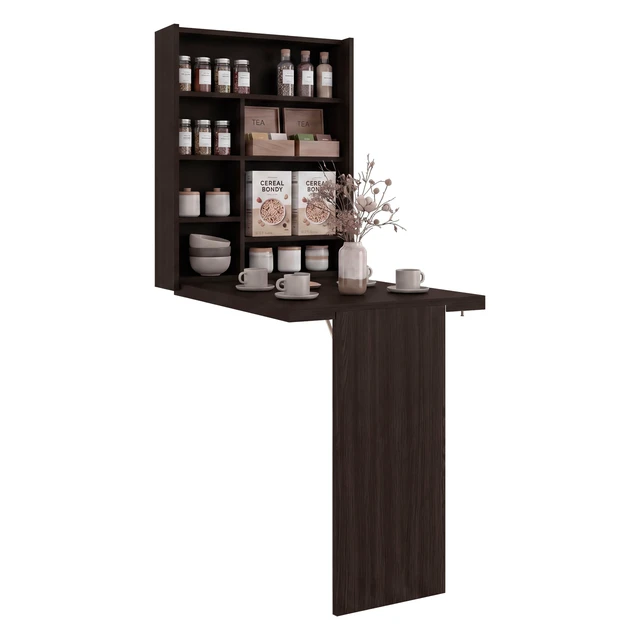 Alt view image 3 of 7 - Stained Wall-Mounted Bar Cabinet with Fold Down Table, Walnut, Particle Board