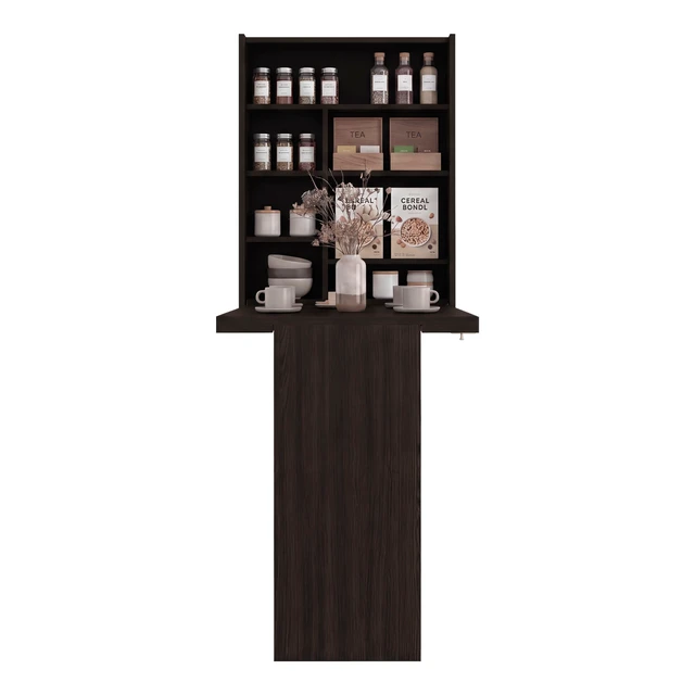 Alt view image 4 of 7 - Stained Wall-Mounted Bar Cabinet with Fold Down Table, Walnut, Particle Board