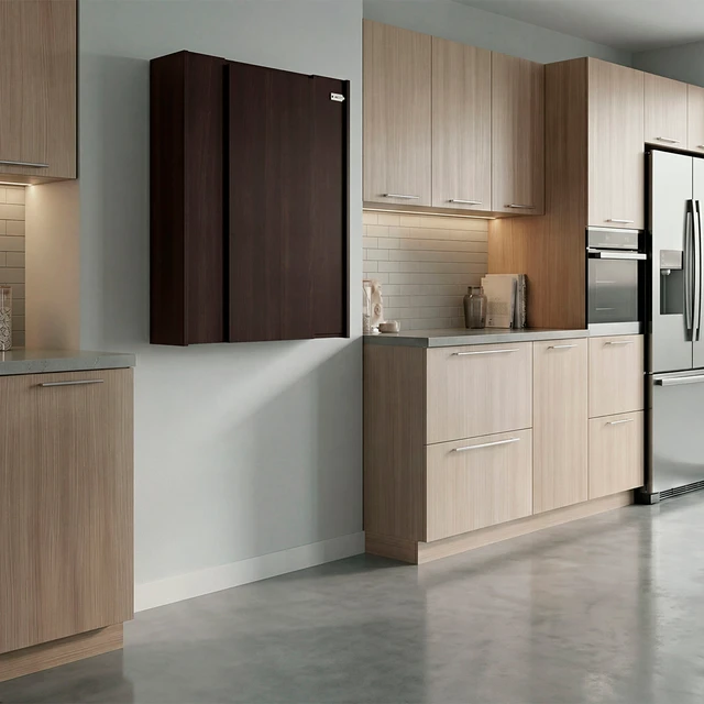 Alt view image 2 of 7 - Stained Wall-Mounted Bar Cabinet with Fold Down Table, Walnut, Particle Board