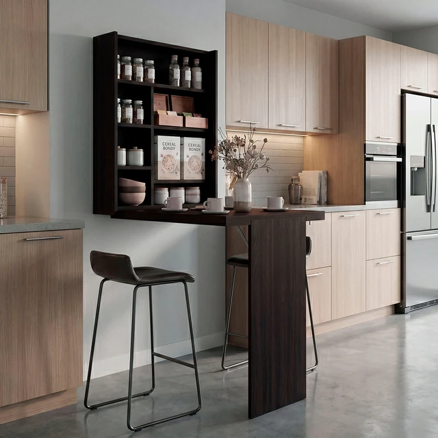 Main image of Stained Wall-Mounted Bar Cabinet with Fold Down Table, Walnut, Particle Board