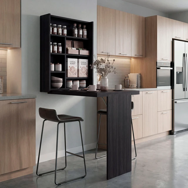 Main image of Wall-Mounted Bar Cabinet with Fold Down Table, Wenge, Particle Board