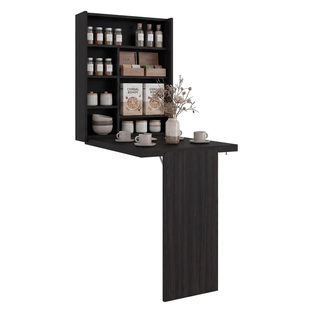 Alt view image 2 of 7 - Wall-Mounted Bar Cabinet with Fold Down Table, Wenge, Particle Board