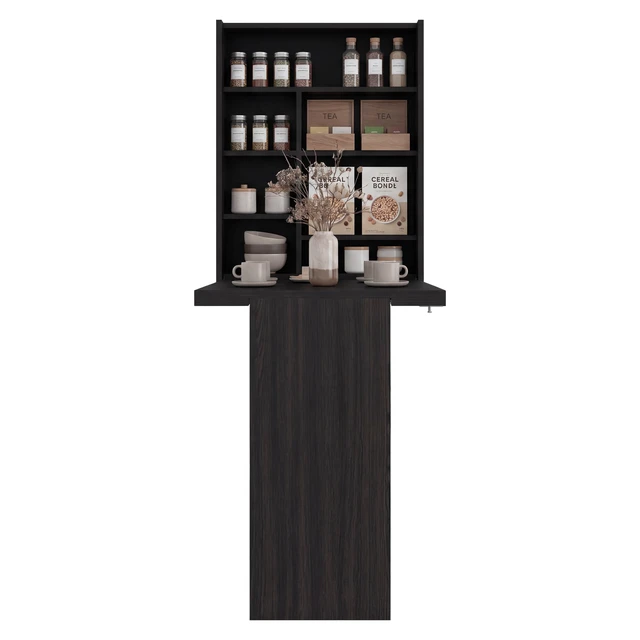 Alt view image 3 of 7 - Wall-Mounted Bar Cabinet with Fold Down Table, Wenge, Particle Board